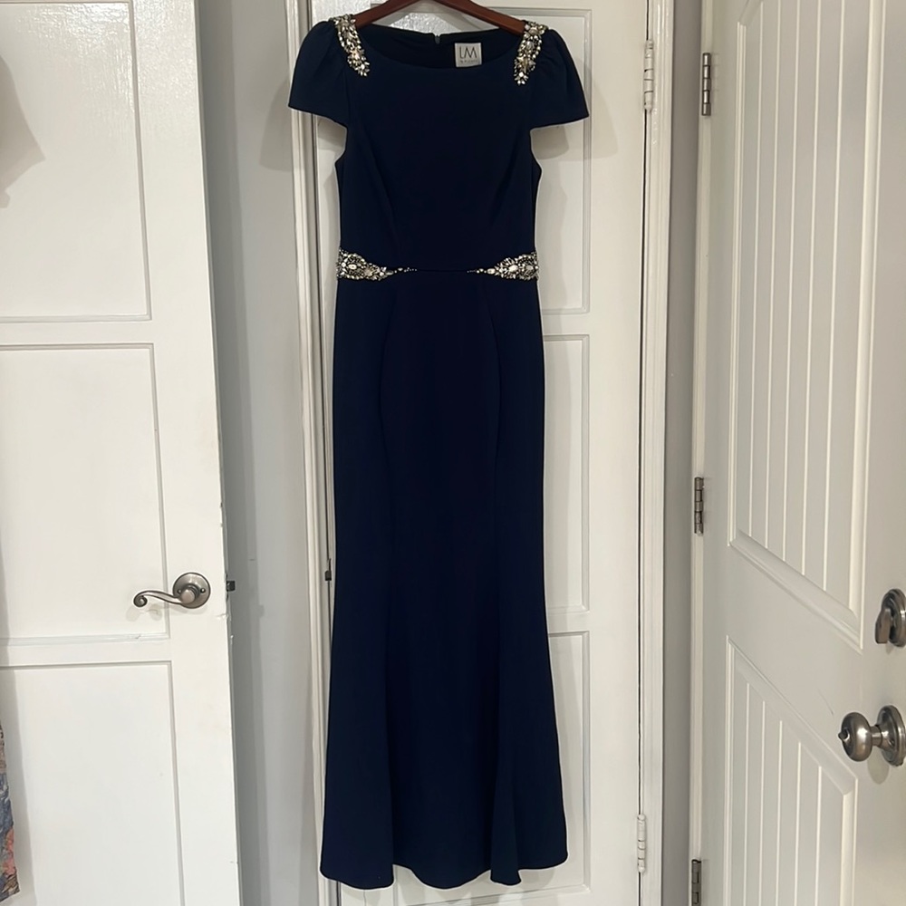 LM by Mignon navy blue evening gown with stone detail